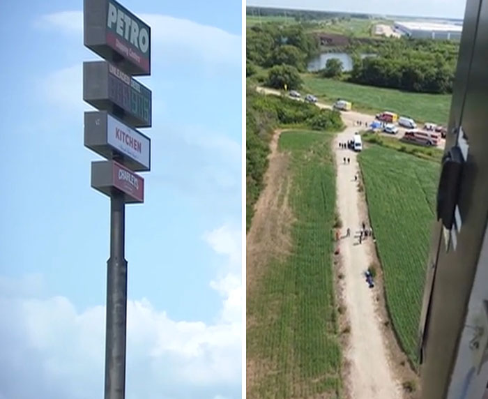 A high sign and an aerial view of an open field with emergency vehicles for an electrician stuck inside.