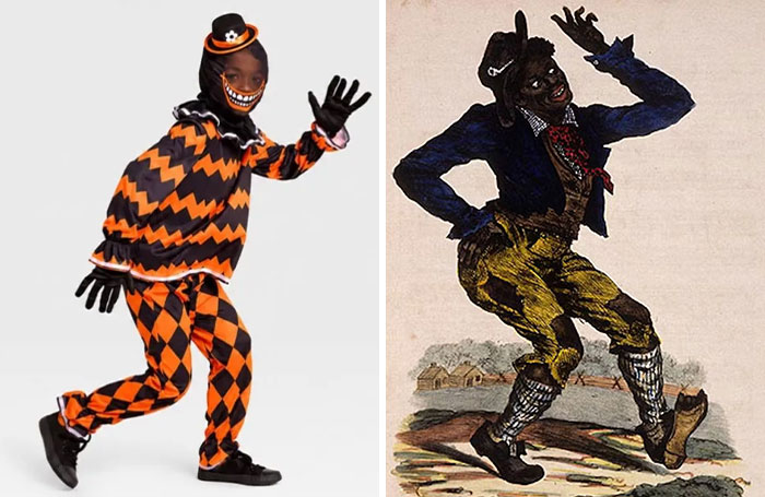 Side-by-side comparison of a kid's Halloween costume and a historic blackface caricature, sparking Target backlash.