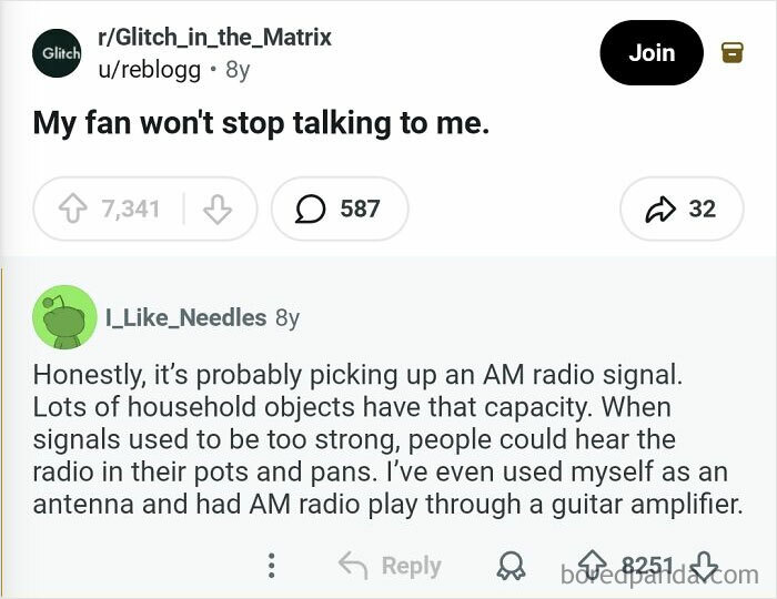 Funny comments on a fan not stopping communication, with a user suggesting an AM radio signal explanation.