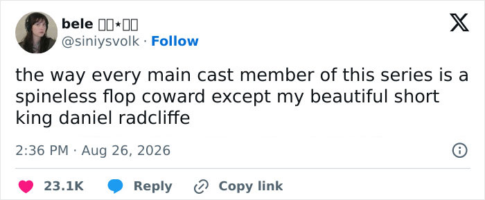 Tweet expressing opinion on Daniel Radcliffe and other Harry Potter cast members. Tweet expressing opinion on Daniel Radcliffe and other Harry Potter cast members.
