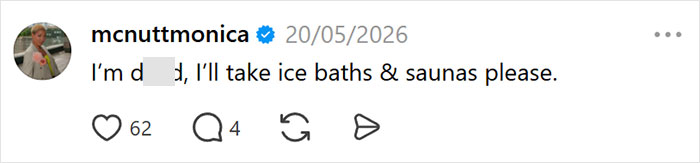 Screenshot of a social media post where a millennial user mentions ice baths and saunas as crisis hobbies. Screenshot of a social media post where a millennial user mentions ice baths and saunas as crisis hobbies.