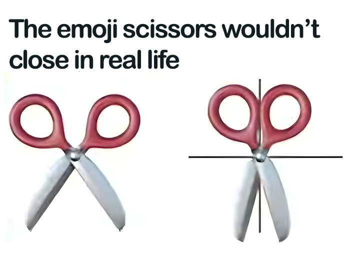 Two illustrations of emoji scissors with text about them not closing in real life, a Not Interesting visual.
