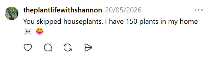 Social media post by a millennial user discussing houseplants as a crisis hobby, with 150 plants at home. Social media post by a millennial user discussing houseplants as a crisis hobby, with 150 plants at home.