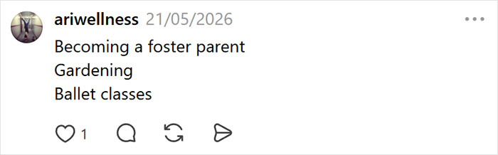 Screenshot of a social media post listing becoming a foster parent, gardening, and ballet classes as millennial crisis hobbies. Screenshot of a social media post listing becoming a foster parent, gardening, and ballet classes as millennial crisis hobbies.