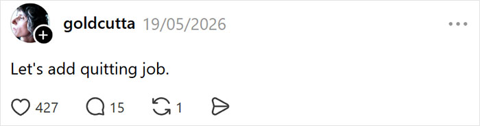 A social media post by goldcutta suggesting 'quitting job' as a millennial crisis hobby, showing likes and comments. A social media post by goldcutta suggesting 'quitting job' as a millennial crisis hobby, showing likes and comments.