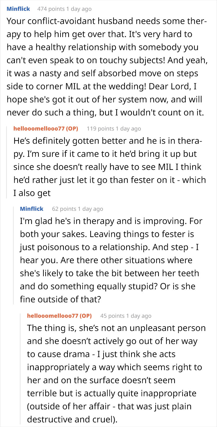 Reddit comments on stealing a husband and the need for therapy to address conflict-avoidance and past actions. Reddit comments on stealing a husband and the need for therapy to address conflict-avoidance and past actions.