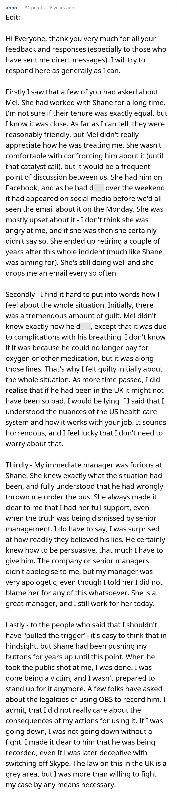 Screenshot of a Reddit comment detailing the workplace bully who steals credit, the colleague's reaction, and the recording. Screenshot of a Reddit comment detailing the workplace bully who steals credit, the colleague's reaction, and the recording.
