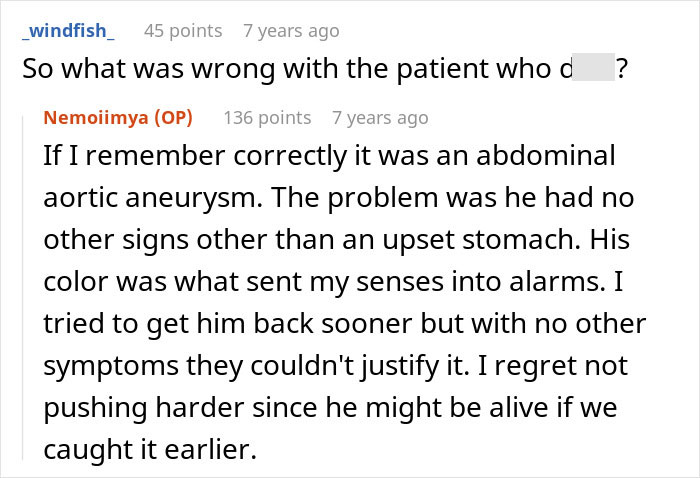 Screenshot of Reddit comments where an ER nurse explains a patient's abdominal aortic aneurysm, highlighting the importance of saving a patient. Screenshot of Reddit comments where an ER nurse explains a patient's abdominal aortic aneurysm, highlighting the importance of saving a patient.