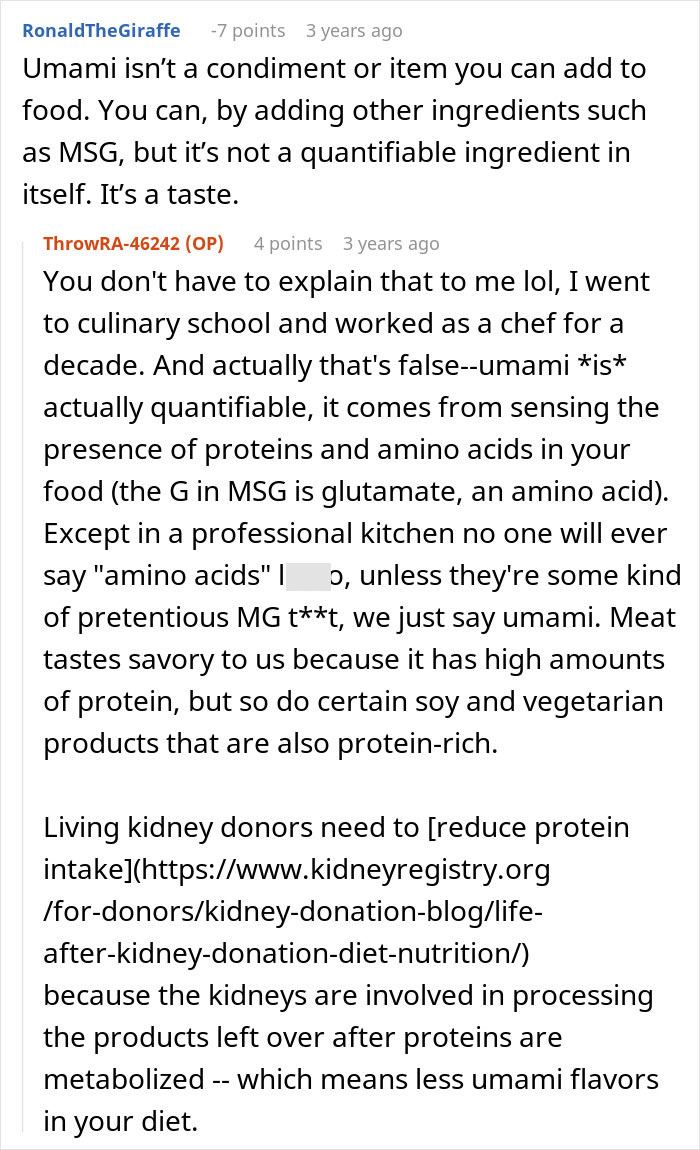 Reddit comment explaining umami and how kidney donors need to reduce protein intake, impacting flavor and costly price. Reddit comment explaining umami and how kidney donors need to reduce protein intake, impacting flavor and costly price.