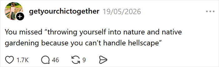 Screenshot of a post about millennial crisis hobbies, mentioning nature and native gardening. Screenshot of a post about millennial crisis hobbies, mentioning nature and native gardening.