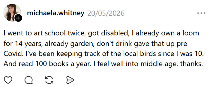 Screenshot of a post about millennial crisis hobbies, mentioning art school, weaving, gardening, and bird tracking. Screenshot of a post about millennial crisis hobbies, mentioning art school, weaving, gardening, and bird tracking.