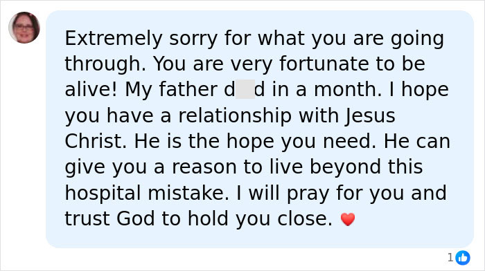 A compassionate social media comment offering prayer and support for the woman after her amputated limbs. A compassionate social media comment offering prayer and support for the woman after her amputated limbs.