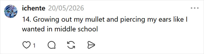 A social media post detailing growing a mullet and getting ears pierced, reflecting a Millennial crisis hobby. A social media post detailing growing a mullet and getting ears pierced, reflecting a Millennial crisis hobby.