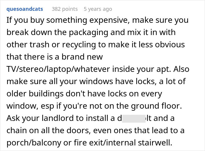 Screenshot of online comment on women safety tips: Break down packaging of expensive items and ensure window locks. Screenshot of online comment on women safety tips: Break down packaging of expensive items and ensure window locks.