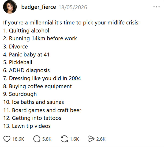 A social media post lists millennial crisis hobbies like quitting alcohol, pickleball, and sourdough. A social media post lists millennial crisis hobbies like quitting alcohol, pickleball, and sourdough.