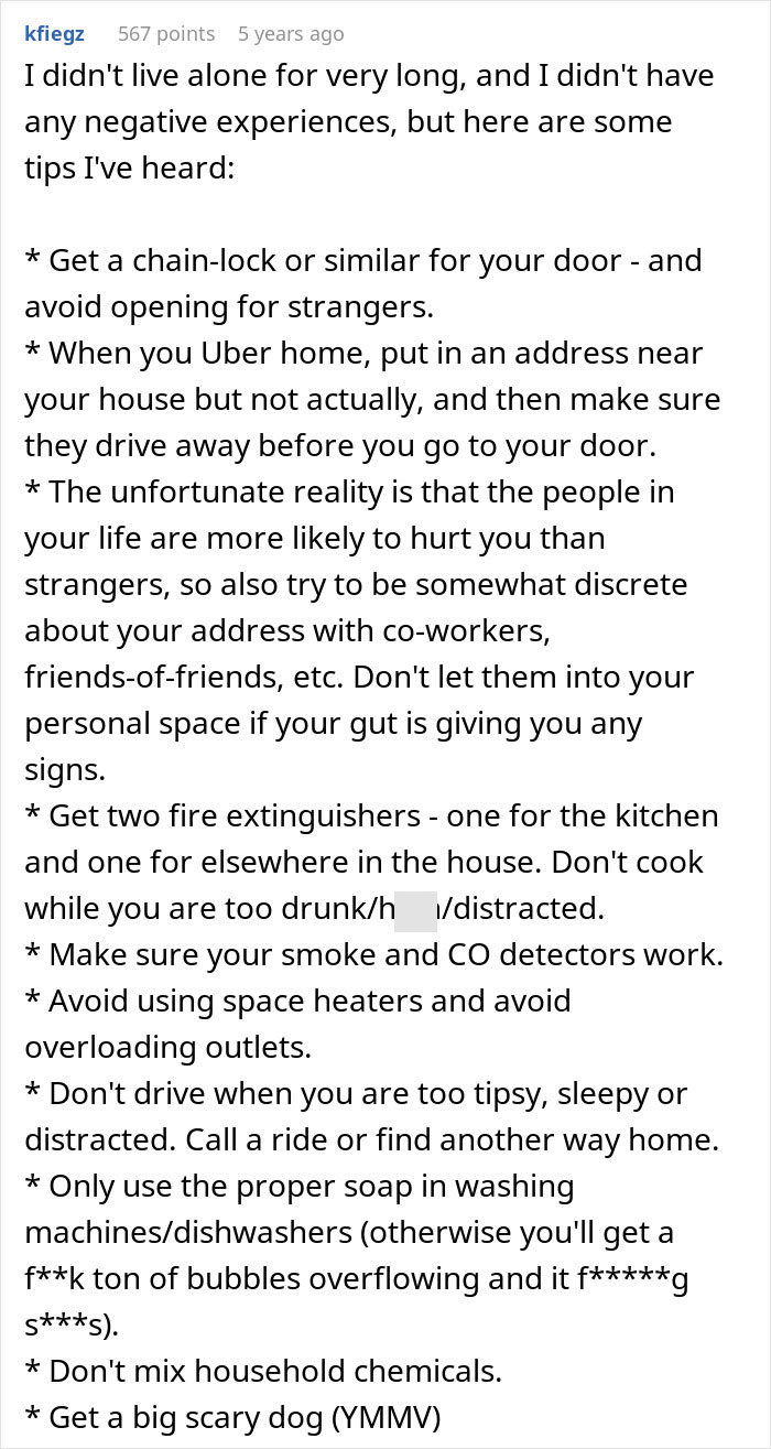 Screenshot of online comment on women safety tips: Various tips including chain-locks, Uber safety, and fire extinguishers. Screenshot of online comment on women safety tips: Various tips including chain-locks, Uber safety, and fire extinguishers.