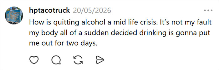 A social media post discusses quitting alcohol as a millennial crisis hobby, questioning the classification. A social media post discusses quitting alcohol as a millennial crisis hobby, questioning the classification.