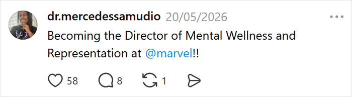 A social media post from a millennial about a new crisis hobby: becoming Director of Mental Wellness at Marvel. A social media post from a millennial about a new crisis hobby: becoming Director of Mental Wellness at Marvel.