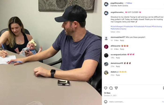Influencer Lying About Career: Angel Vic, posing as a realtor, with a couple and baby signing documents. Influencer Lying About Career: Angel Vic, posing as a realtor, with a couple and baby signing documents.