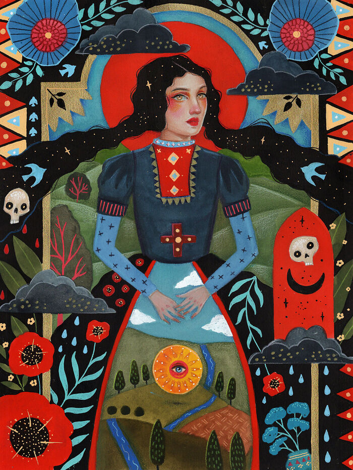 Folk-inspired artwork by Aunia Kahn depicting a woman with long dark hair, surrounded by symbols like skulls, poppies, and a landscape.