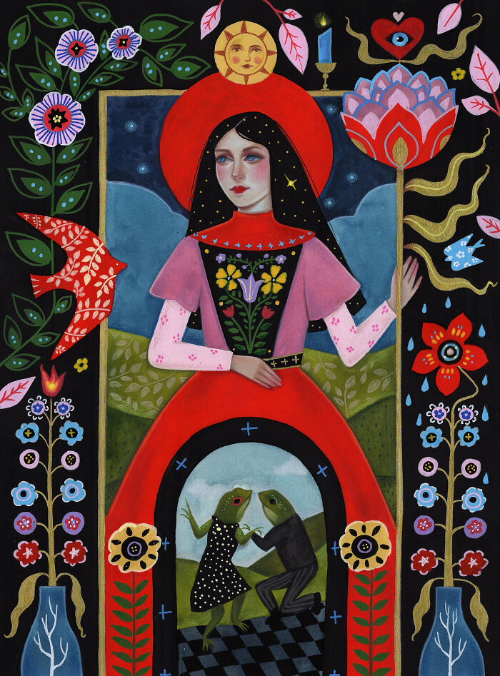 Aunia Kahn's folk-inspired artwork depicting a woman with a red halo, surrounded by folk patterns and dancing frogs.