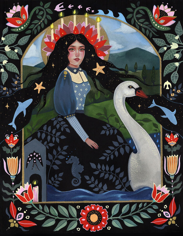 Aunia Kahn's folk-inspired artwork of a woman with long dark hair, a swan, and stylized marine life.
