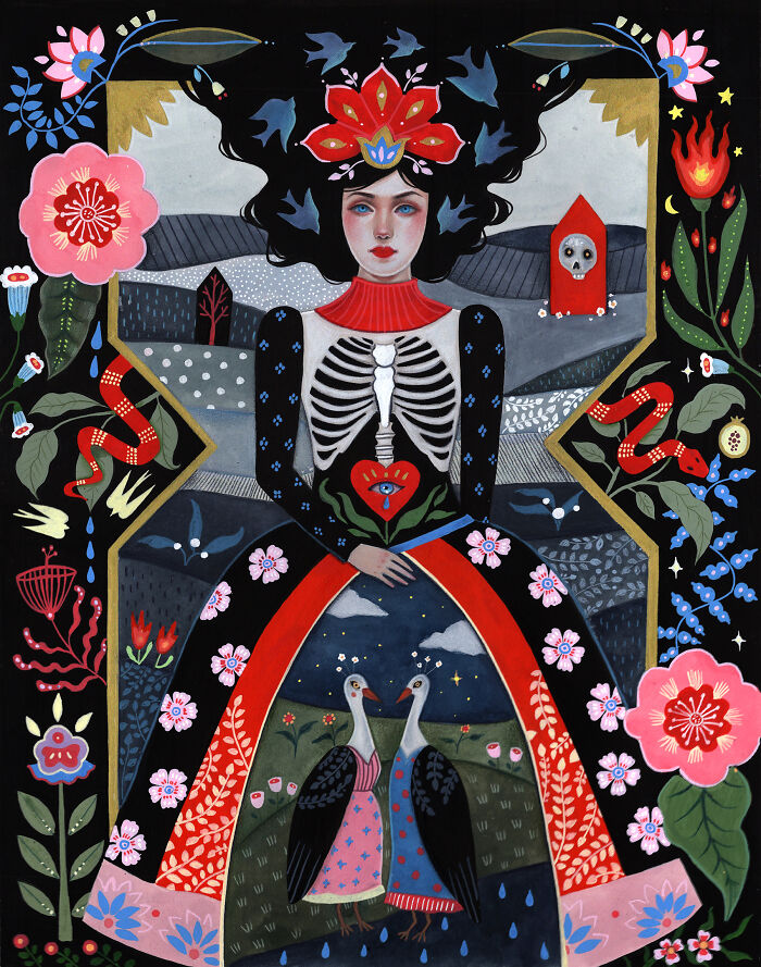Aunia Kahn's folk-inspired artwork showing a woman in a skeleton dress, with storks and symbolic elements.