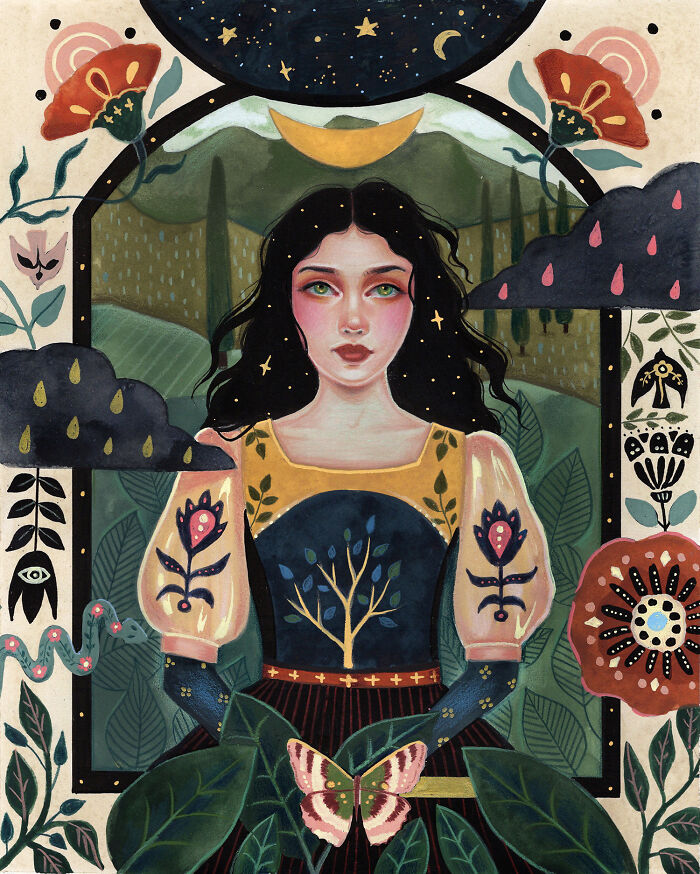 Aunia Kahn's folk-inspired artwork featuring a woman with dark hair, a crescent moon, and floral designs.