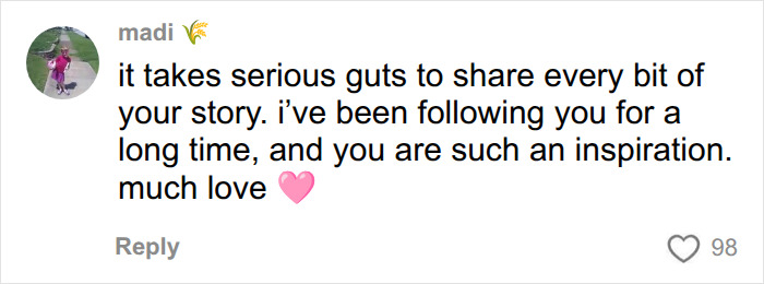 A comment praising a woman for her guts to share her story of discovering her husband's cheating with a private investigator. A comment praising a woman for her guts to share her story of discovering her husband's cheating with a private investigator.