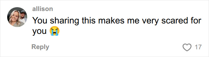 A comment showing fear for a woman sharing her story of discovering her husband's cheating after hiring a private investigator. A comment showing fear for a woman sharing her story of discovering her husband's cheating after hiring a private investigator.