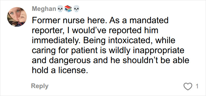 A nurse's comment about her husband cheating, highlighting the dangers of an intoxicated individual caring for patients. A nurse's comment about her husband cheating, highlighting the dangers of an intoxicated individual caring for patients.