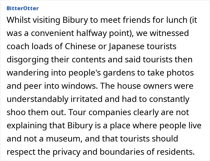 A comment on tourists in a beautiful village entering private gardens, impacting tourism strategy. A comment on tourists in a beautiful village entering private gardens, impacting tourism strategy.