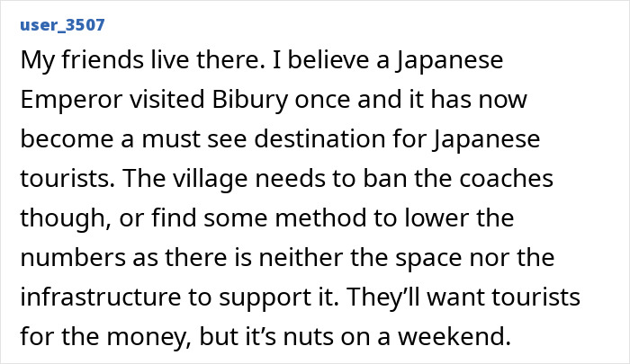 A comment about Bibury becoming a beautiful village destination for Japanese tourists. A comment about Bibury becoming a beautiful village destination for Japanese tourists.