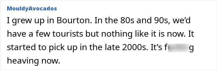 A comment about Bourton's increase in tourists since the late 2000s. A comment about Bourton's increase in tourists since the late 2000s.