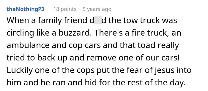 A comment about a man's fit over an ambulance, fire truck, and cop cars, and a tow truck circling.