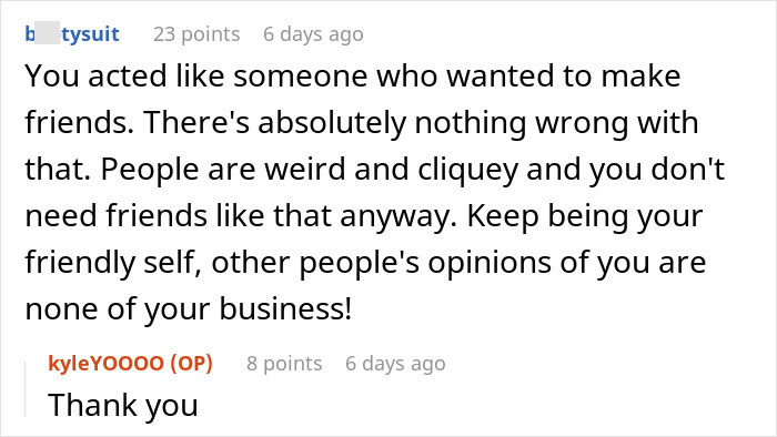 A screenshot displaying a Reddit comment from b_tysuit about a guy joining female classmates and feeling intruded on. A screenshot displaying a Reddit comment from b_tysuit about a guy joining female classmates and feeling intruded on.