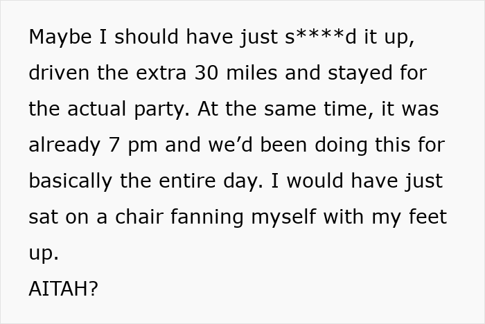 A screenshot of text describing a guest's fatigue from driving for a 4-venue wedding.