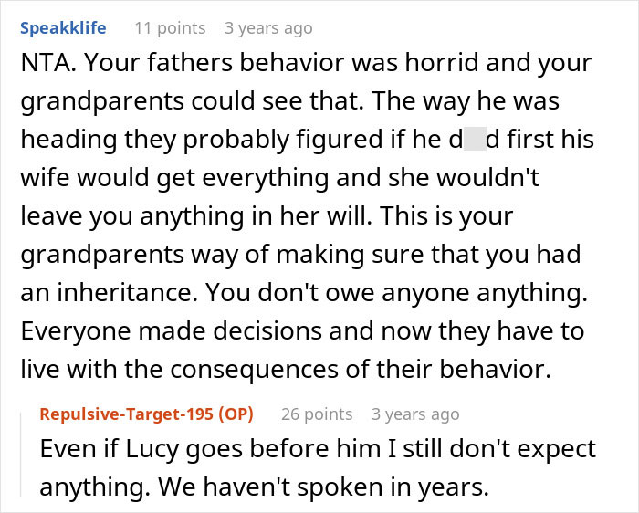 A comment describing a father's behavior and the impact on a woman's inheritance after being adopted by her stepmom. A comment describing a father's behavior and the impact on a woman's inheritance after being adopted by her stepmom.
