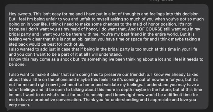 A screenshot of hurtful messages regarding a bachelorette date dispute that led to a friendship end. A screenshot of hurtful messages regarding a bachelorette date dispute that led to a friendship end.