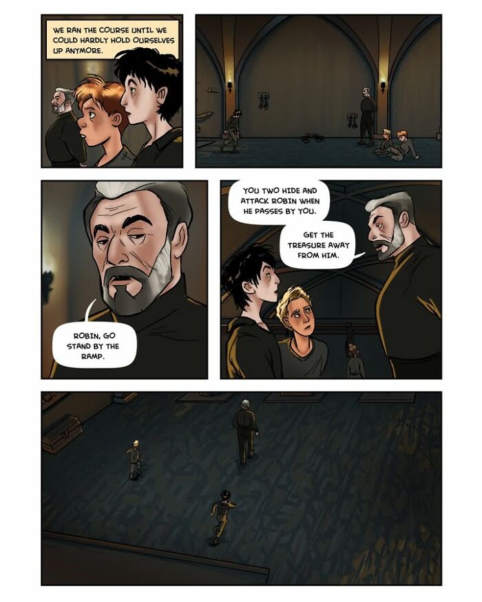 A panel from the fantasy webcomic Serpent by Yael Nathan showing two young characters hiding during a training exercise.