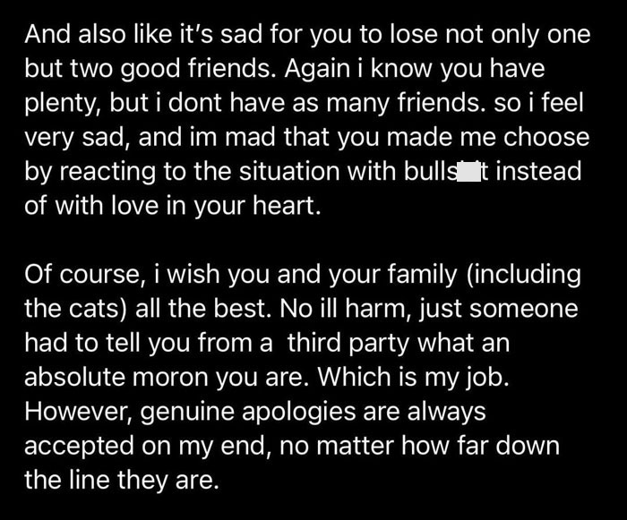 A hurtful message showing friendship ending with a bachelorette date dispute. A hurtful message showing friendship ending with a bachelorette date dispute.