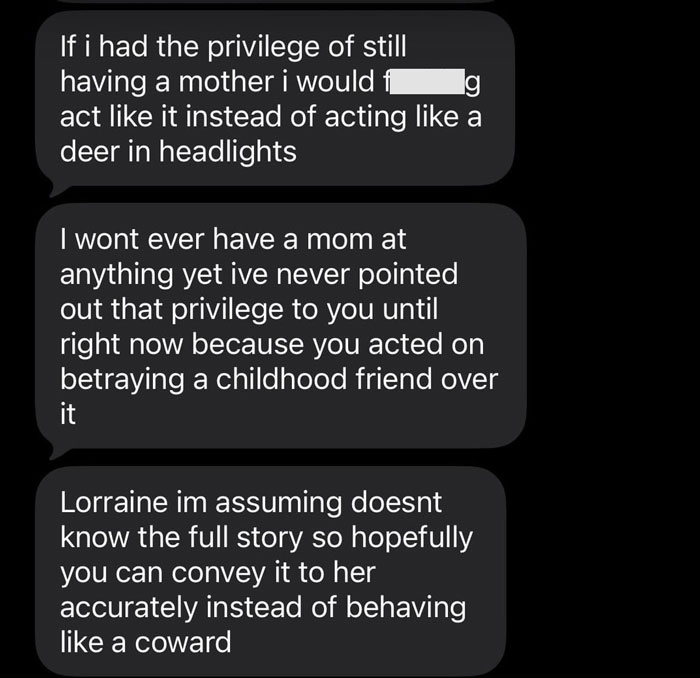Further hurtful messages exchanged, indicating the friendship ending over a bachelorette date dispute. Further hurtful messages exchanged, indicating the friendship ending over a bachelorette date dispute.