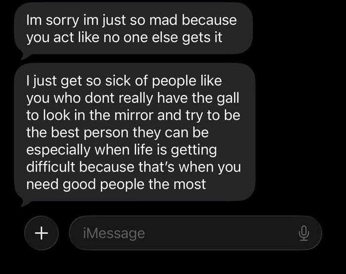 A final hurtful message in a text thread, reflecting a friendship ending after a bachelorette date dispute. A final hurtful message in a text thread, reflecting a friendship ending after a bachelorette date dispute.