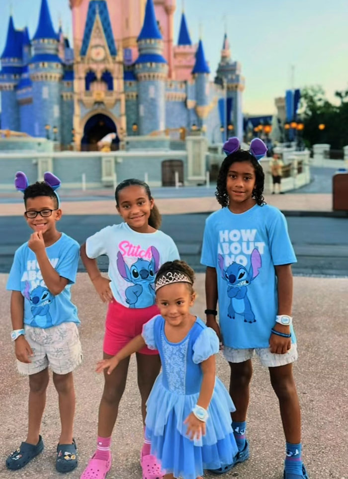 Four kids in front of a castle, dressed in Stitch and princess outfits, highlighting results of kids spending mornings reading and exercising. Four kids in front of a castle, dressed in Stitch and princess outfits, highlighting results of kids spending mornings reading and exercising.