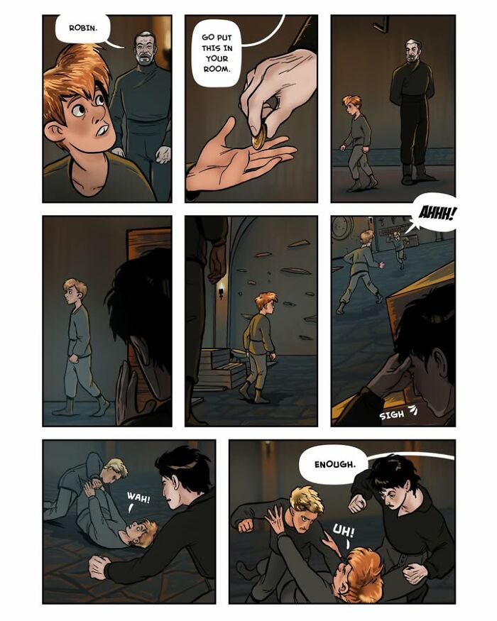 A panel from the fantasy webcomic Serpent by Yael Nathan illustrating a young character being given a coin, then running and falling.