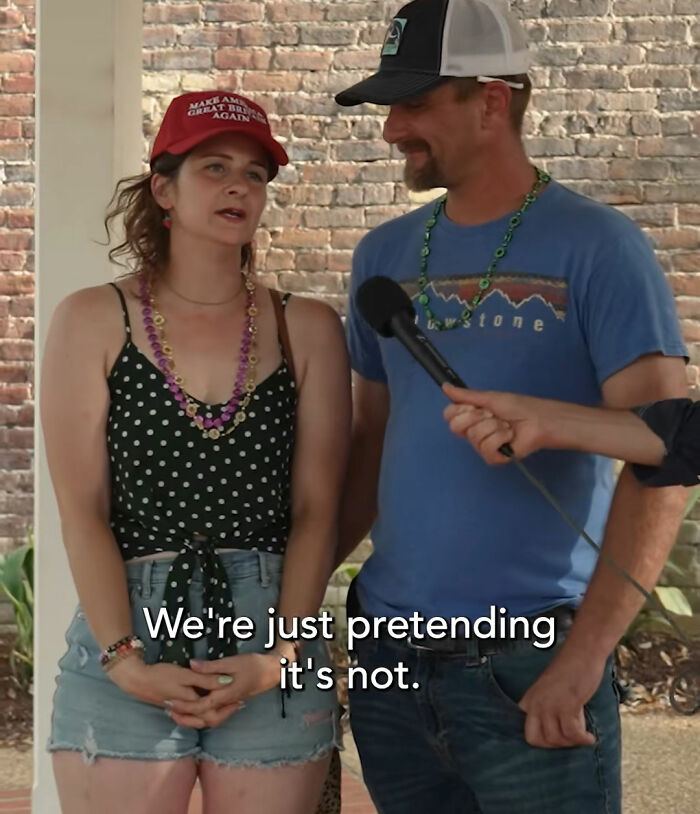 A working class man and woman wearing beads and hats, being interviewed, illustrating the different Americas.