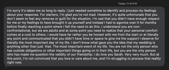 A long gray text message detailing a woman's feelings about a friendship end, hurtful messages. A long gray text message detailing a woman's feelings about a friendship end, hurtful messages.