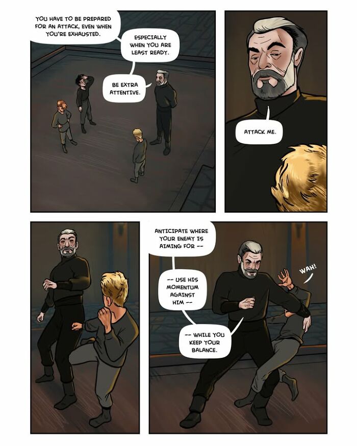 A panel from the fantasy webcomic Serpent by Yael Nathan depicting an older man instructing a young character to attack him.