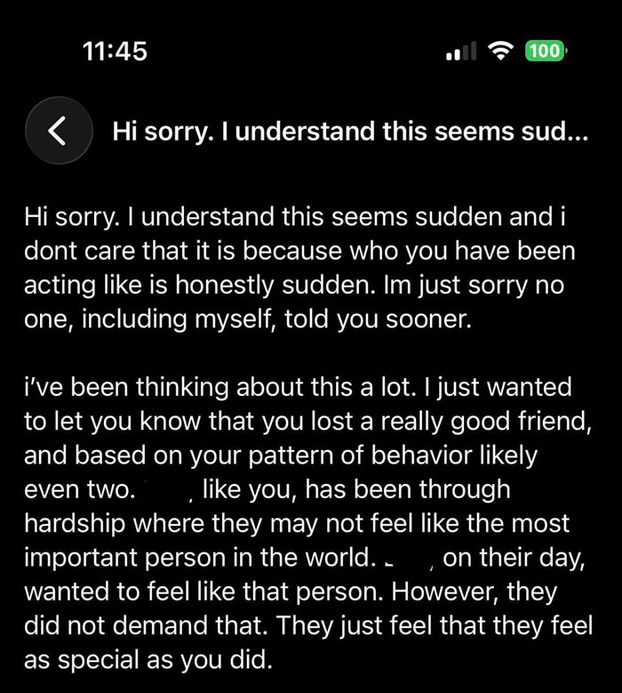 A phone screenshot displaying hurtful messages about a friendship end due to a bachelorette dispute. A phone screenshot displaying hurtful messages about a friendship end due to a bachelorette dispute.