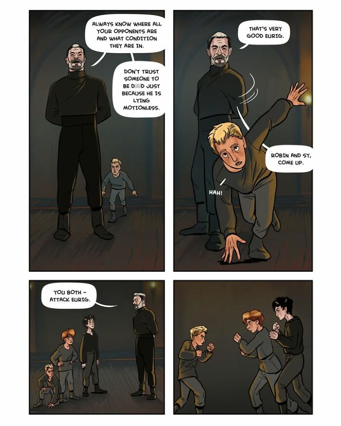 A panel from the fantasy webcomic Serpent by Yael Nathan showing an older man instructing two young characters to attack another.